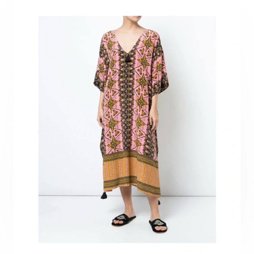 Figue Eliza V-Neck Gypsy Batik-Print Kaftan Dress Coverup Silk - Picture 2 of 6